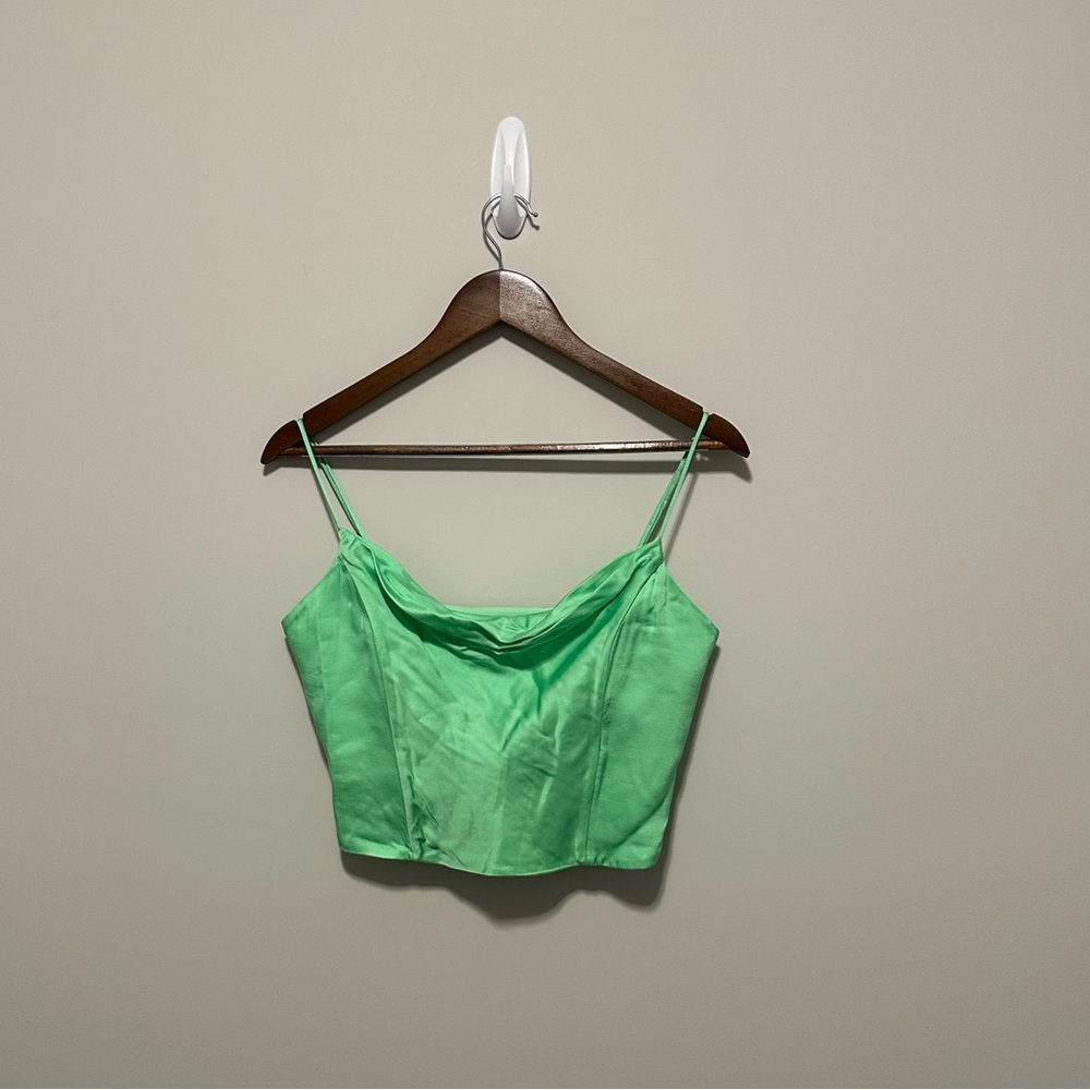 Zara Satin Effect Strappy Ribbed Lightweight Green Cropped Tanktop
